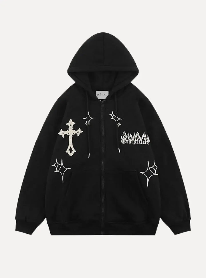 "Gothic Embroidery" Zip-Up Hoodie - Aleksandrov - Y2K - Vintage Clothing