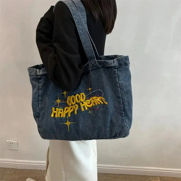 "Groovy Trippy Heart" Denim Bag - Aleksandrov - Y2K - Vintage Clothing