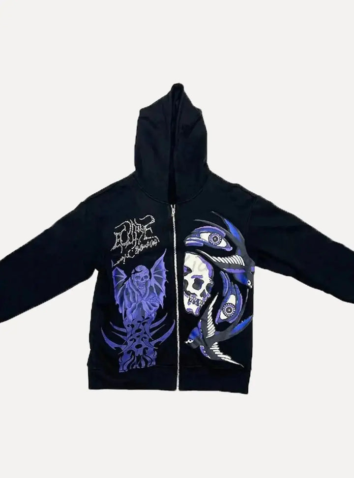 Purple Skull Rhinestone Hoodie - Aleksandrov - Y2K - Vintage Clothing