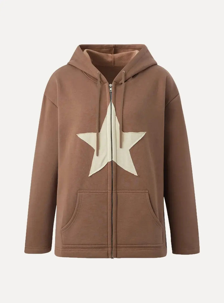 Star Patch Zip-Up Hoodie - Aleksandrov - Y2K - Vintage Clothing