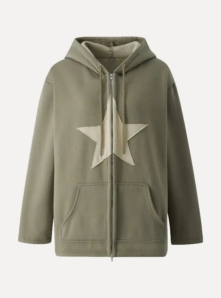 Star Patch Zip-Up Hoodie - Aleksandrov - Y2K - Vintage Clothing